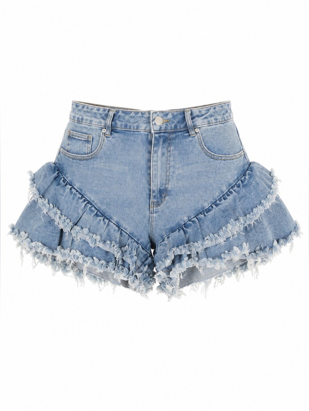 Ruffle Raw Edge Frayed Denim Shorts in Light Wash
